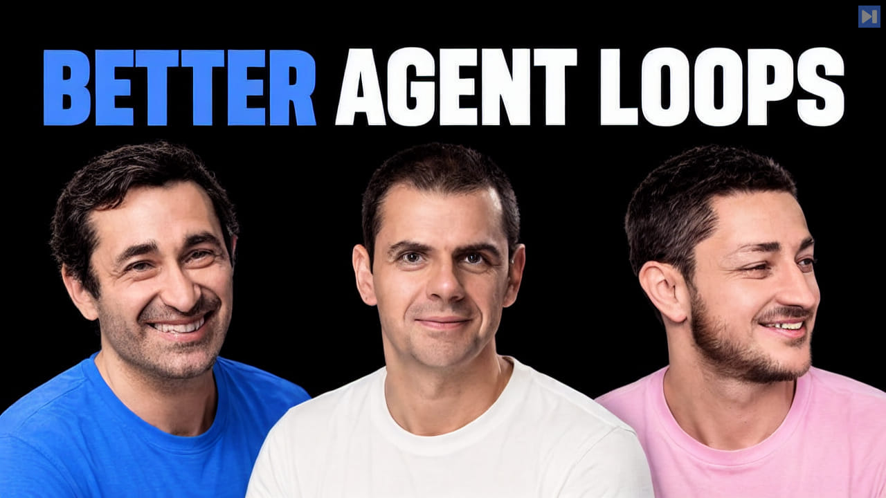 Alexander Embiricos, Romain Huet and Peter Steinberger in blue, white and pink tops in a row below the blue and white headline BETTER AGENT LOOPS on black.