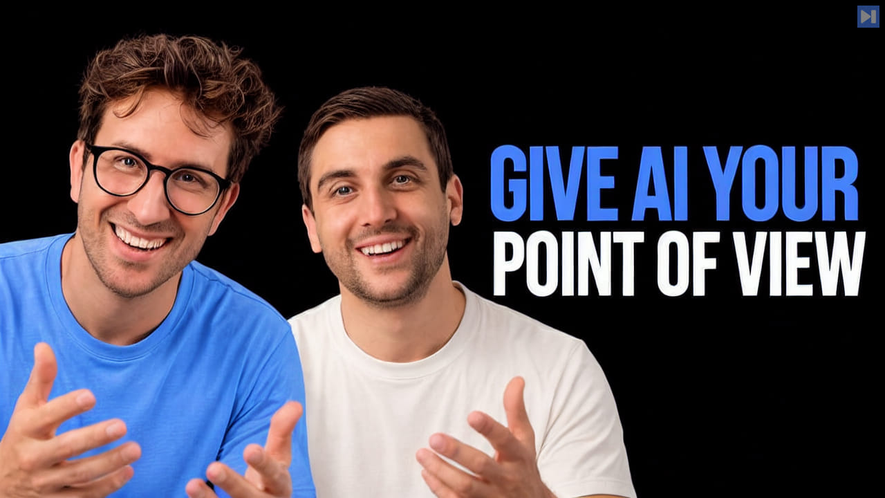 Greg Isenberg in glasses and blue, and Nicolas Cole in white, gesture beside the blue-and-white headline “GIVE AI YOUR POINT OF VIEW” on black.