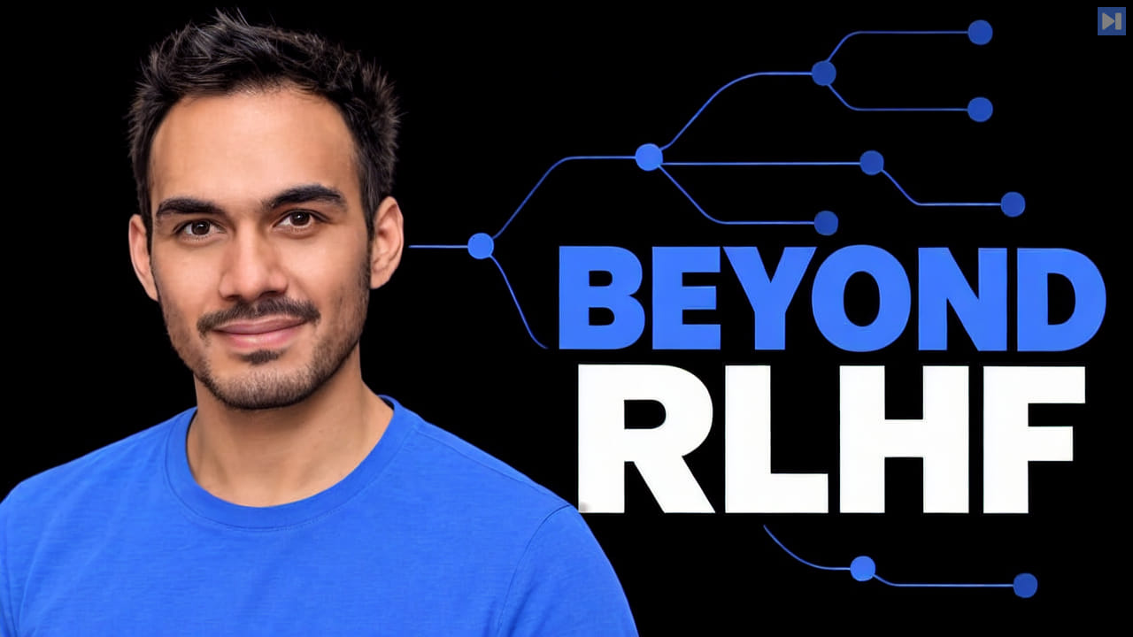 Diogo Almeida in a blue top on black beside the headline ‘BEYOND RLHF’ and blue branching decision lines.