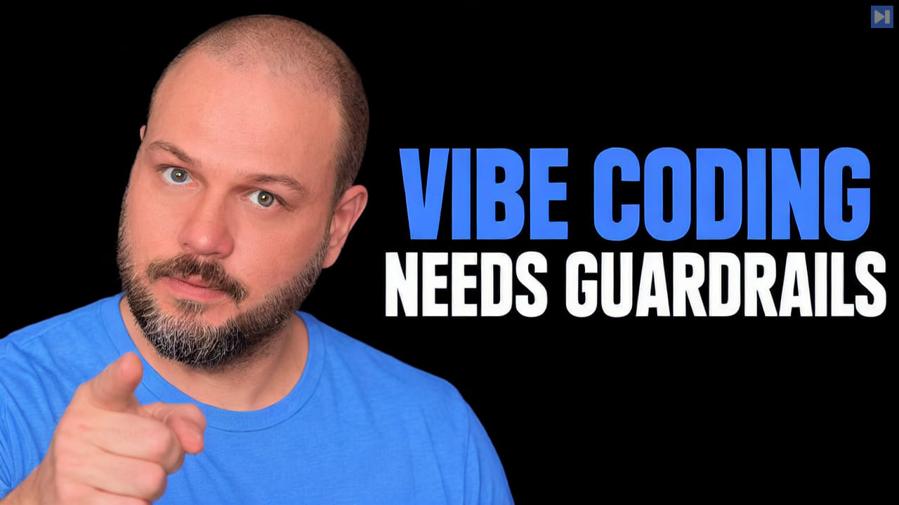 Wes Roth points toward the viewer beside the blue and white headline VIBE CODING NEEDS GUARDRAILS on a black background.