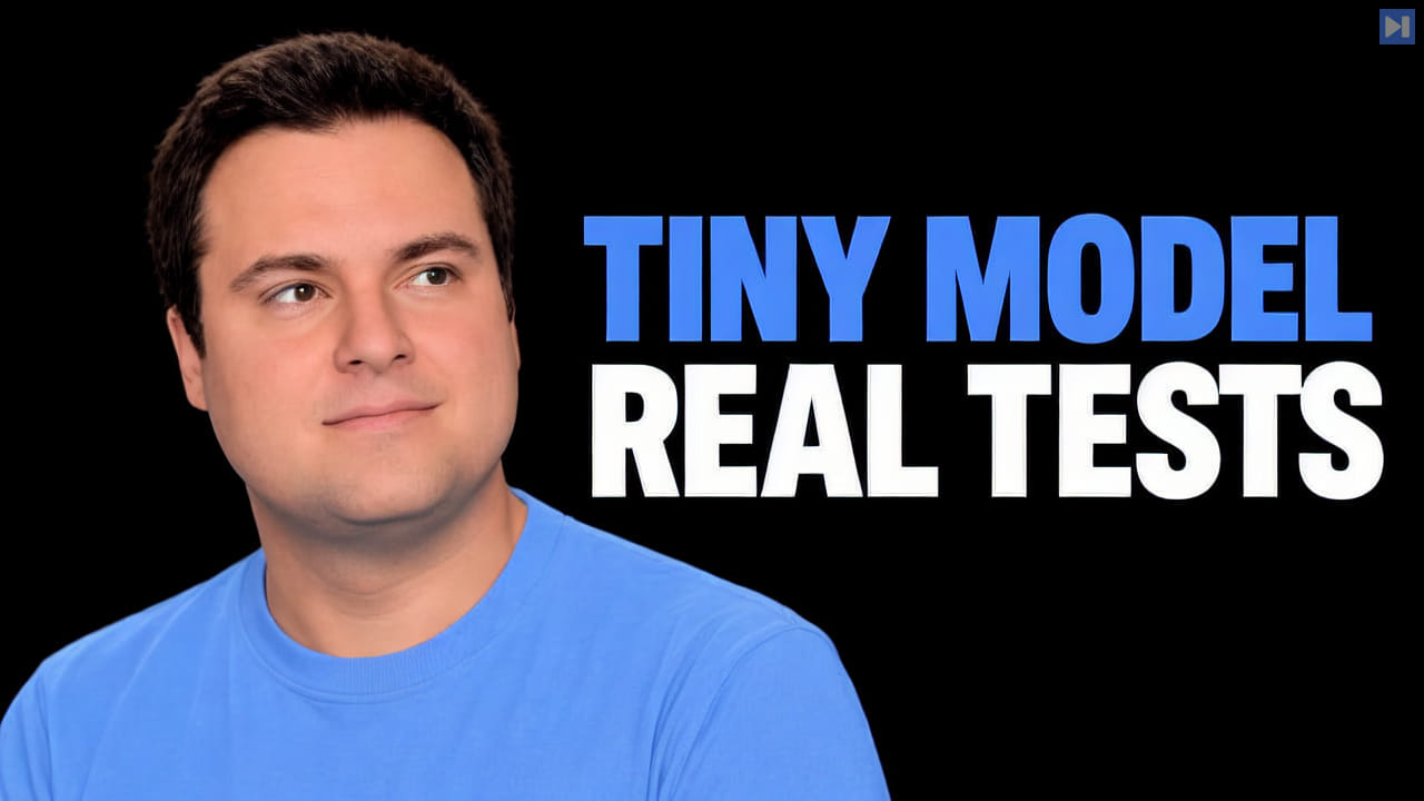 Bijan Bowen in a photographic portrait composition on black beside the blue-and-white headline “TINY MODEL REAL TESTS”.