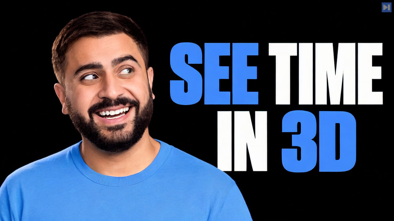 Bilawal Sidhu smiling in a blue top beside the blue and white headline 'SEE TIME IN 3D' on black.