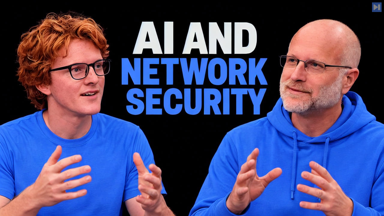Theo Jaffee and Brendan Carr beside flat text about AI and network security.