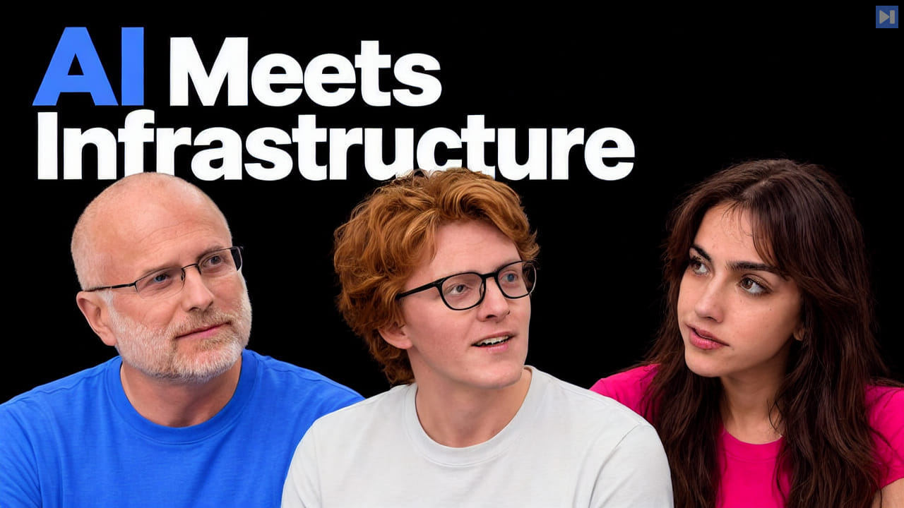 Brendan Carr, Theo Jaffee and Sofia Puccini against black beside the headline AI Meets Infrastructure.