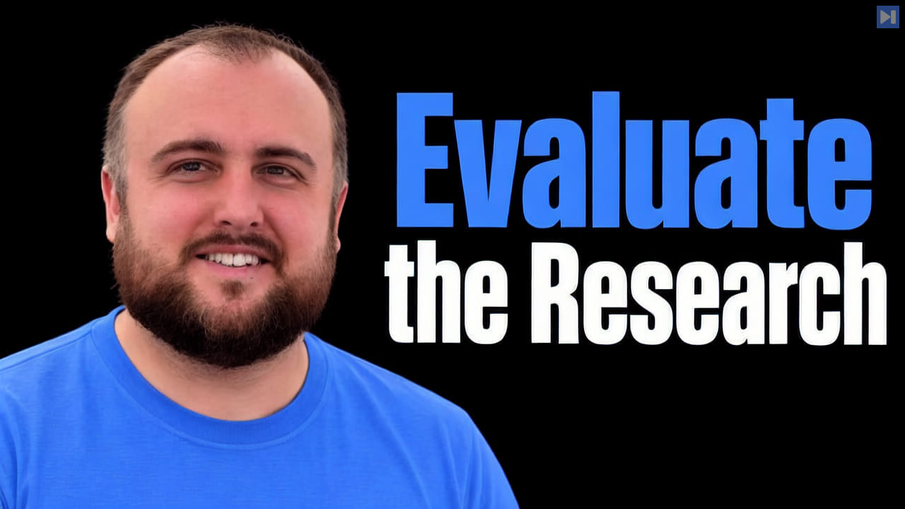 Brendan Rappazzo beside the blue and white headline Evaluate the Research on a black background.