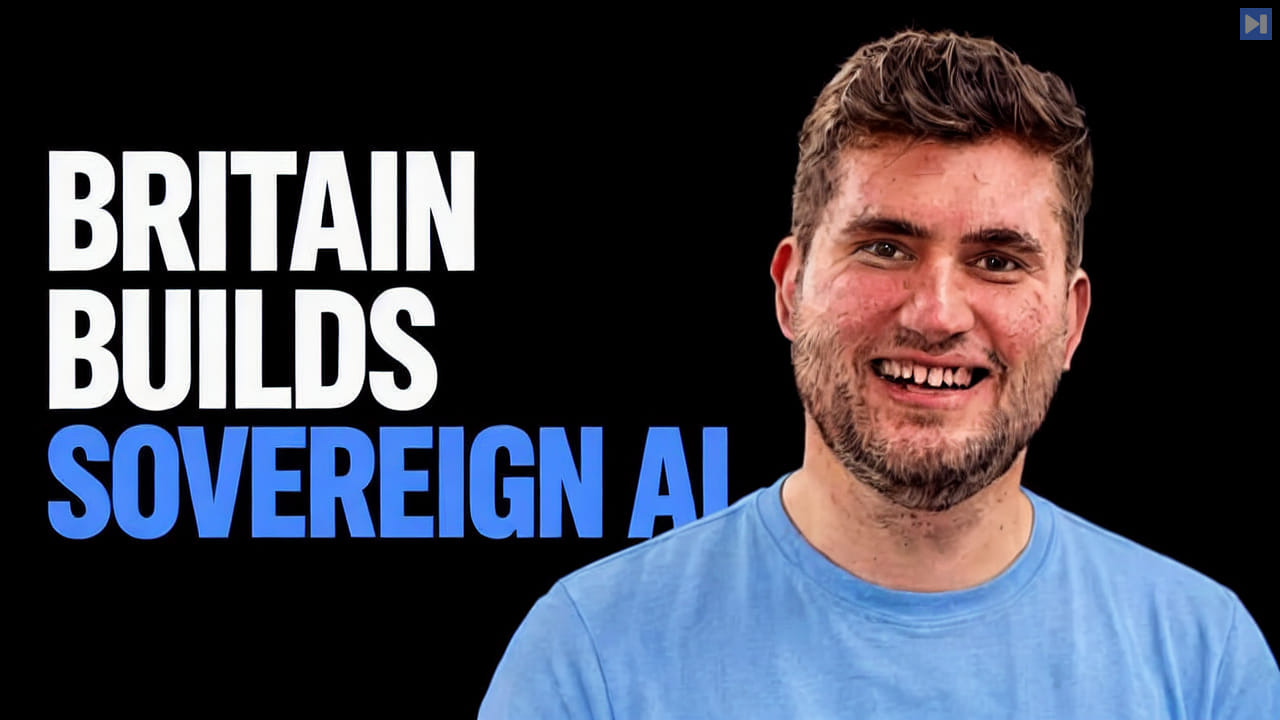 Alistair Pullen in a blue shirt beside the headline BRITAIN BUILDS SOVEREIGN AI, with SOVEREIGN AI in blue and the remaining words in white on black.