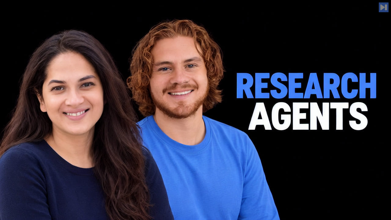 Priyanka Phatak and Gabriel Cemaj beside the blue-and-white RESEARCH AGENTS headline on a black background.