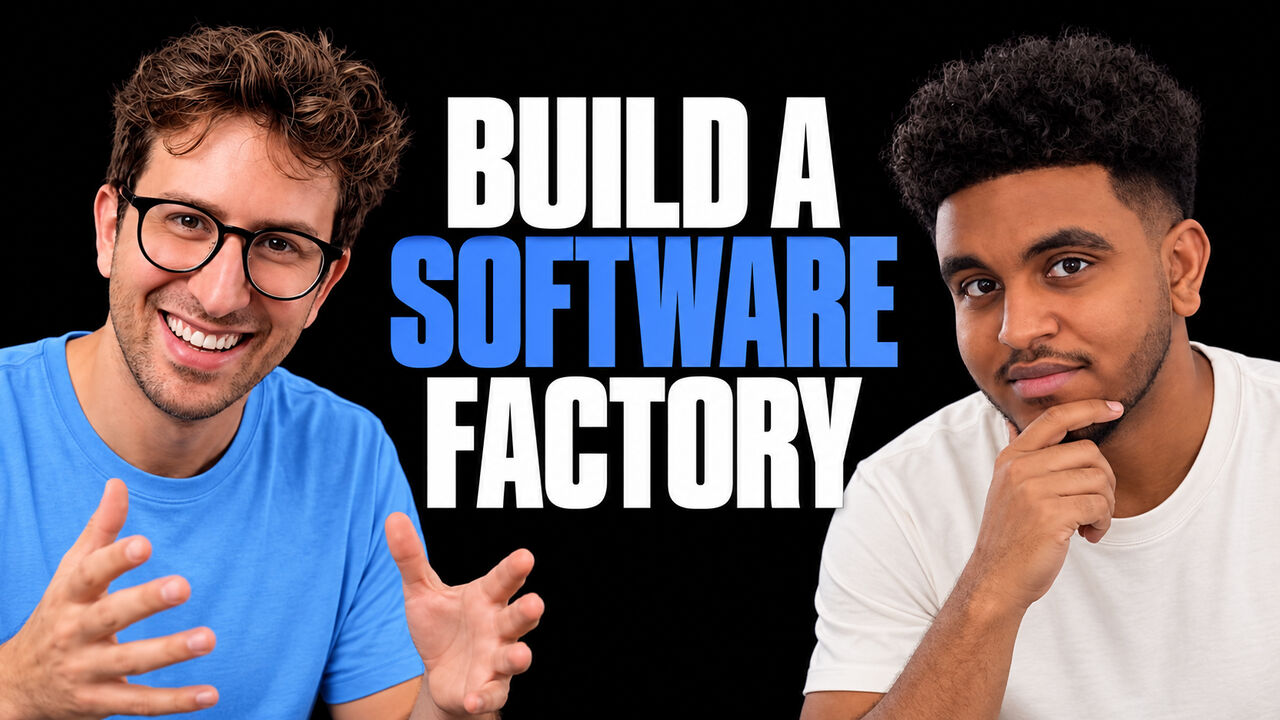 Greg Isenberg in an attention-blue top and Michael Shimeles in an off-white top on a black background beside the headline “BUILD A SOFTWARE FACTORY”.