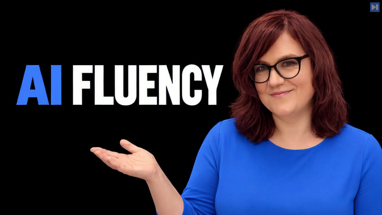 Em Shreve in glasses and blue presents an open palm beside the blue and white "AI FLUENCY" headline.