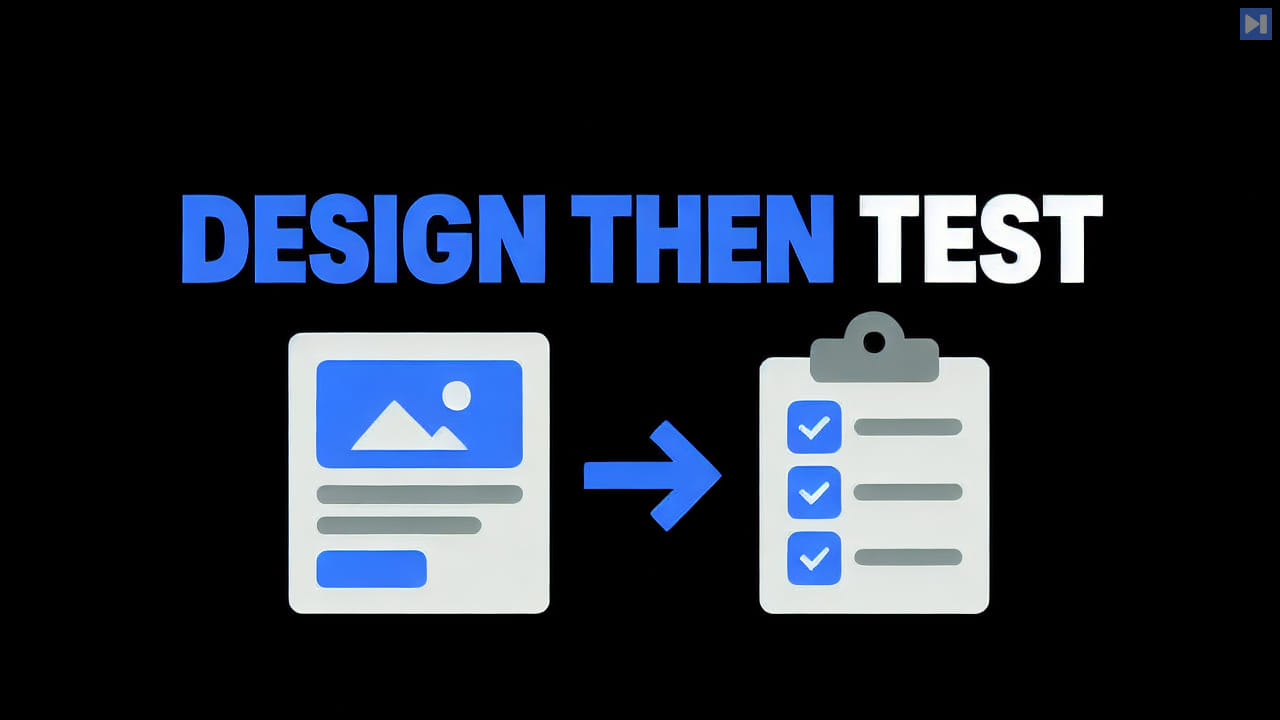A flat illustration of a webpage design linked to a testing checklist beneath the blue-and-white headline Design Then Test on a black background.
