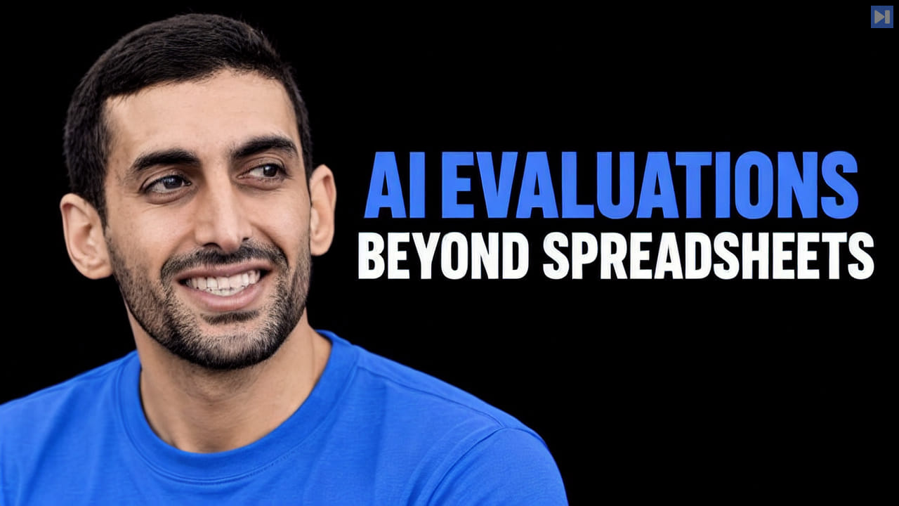 Hossein Niazmandi beside the blue and white headline “AI EVALUATIONS - BEYOND SPREADSHEETS” on a black background.