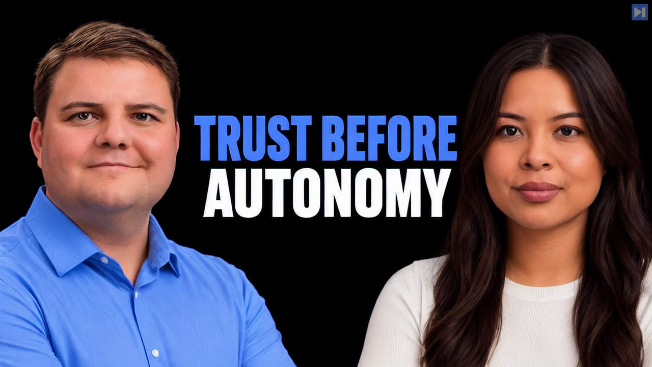 Tarek Alaruri, Sophia Dew beside the blue-and-white headline TRUST BEFORE AUTONOMY on a black background.