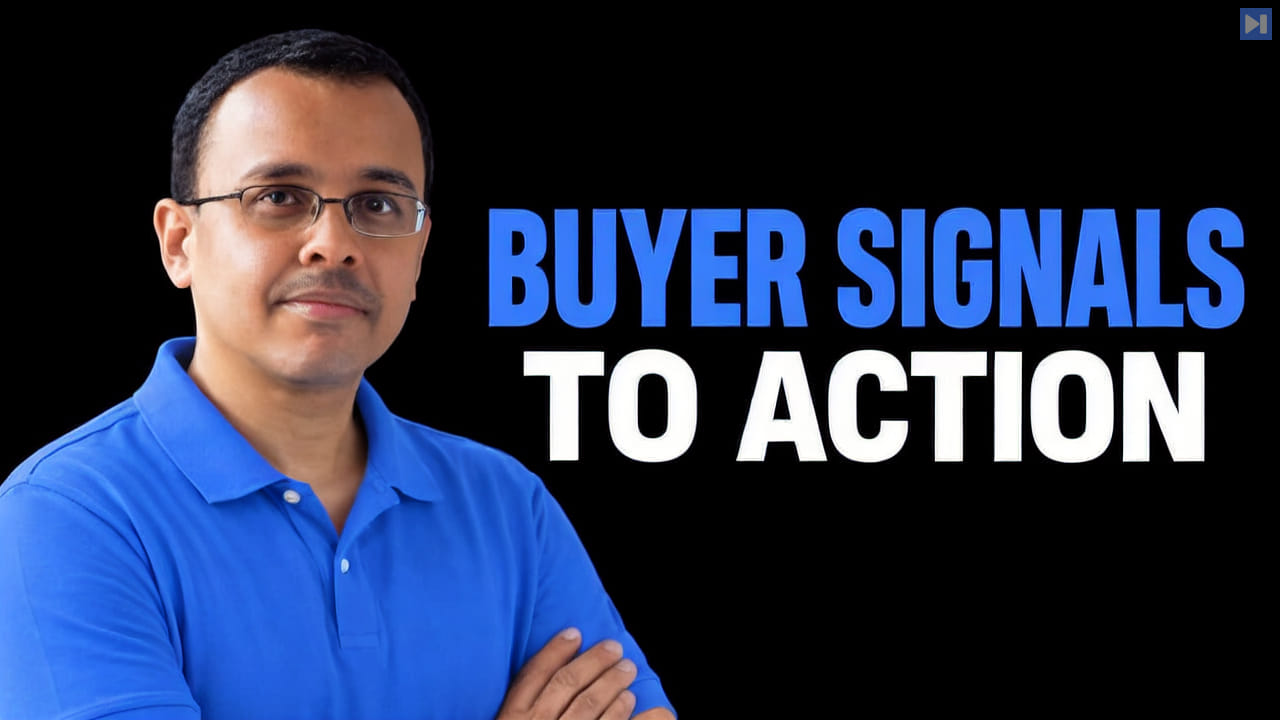 Portrait of Sajjan Kanukolanu beside the blue-and-white headline "BUYER SIGNALS TO ACTION" on a black background.