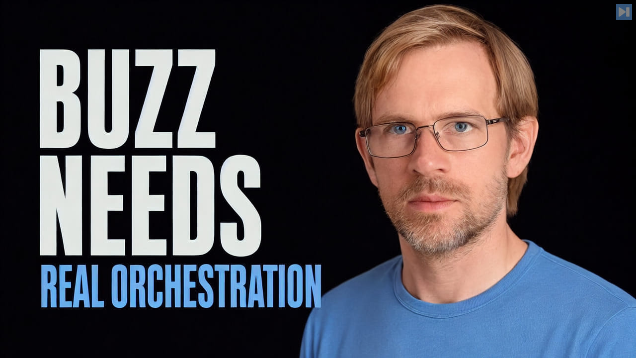 Portrait of Alex Kerss beside the words Buzz Needs Real Orchestration