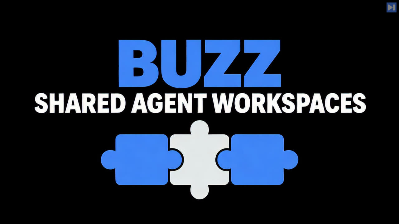 Blue and white “BUZZ SHARED AGENT WORKSPACES” headline above three connected puzzle-piece shapes on black.