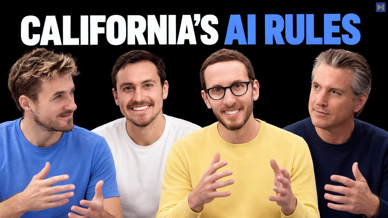 Pierce Freeman, Richard Diehl Martinez, Scott Wiener, Gavin Newsom against black with the blue and white headline "CALIFORNIA'S AI RULES".