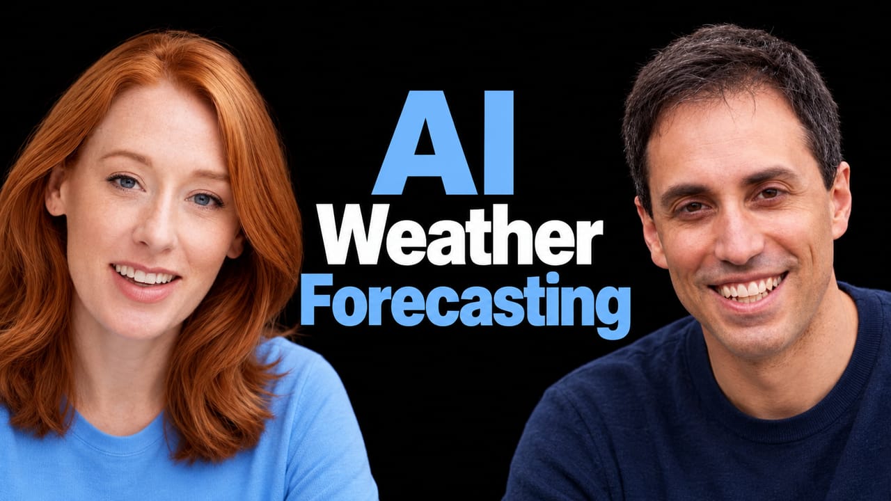 Portraits of Hannah Fry and Peter Battaglia with the headline AI Weather Forecasting.