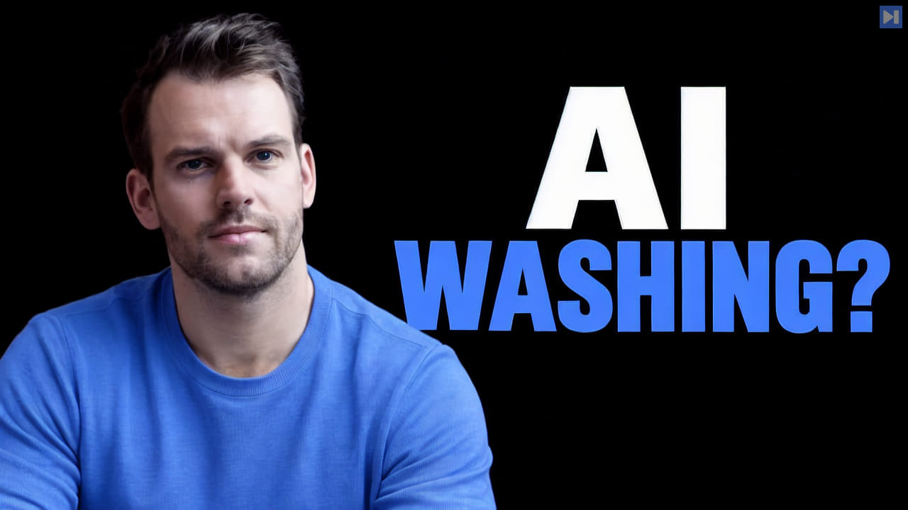 Nathaniel Whittemore in a blue sweater beside the white-and-blue headline “AI Washing?” on black.
