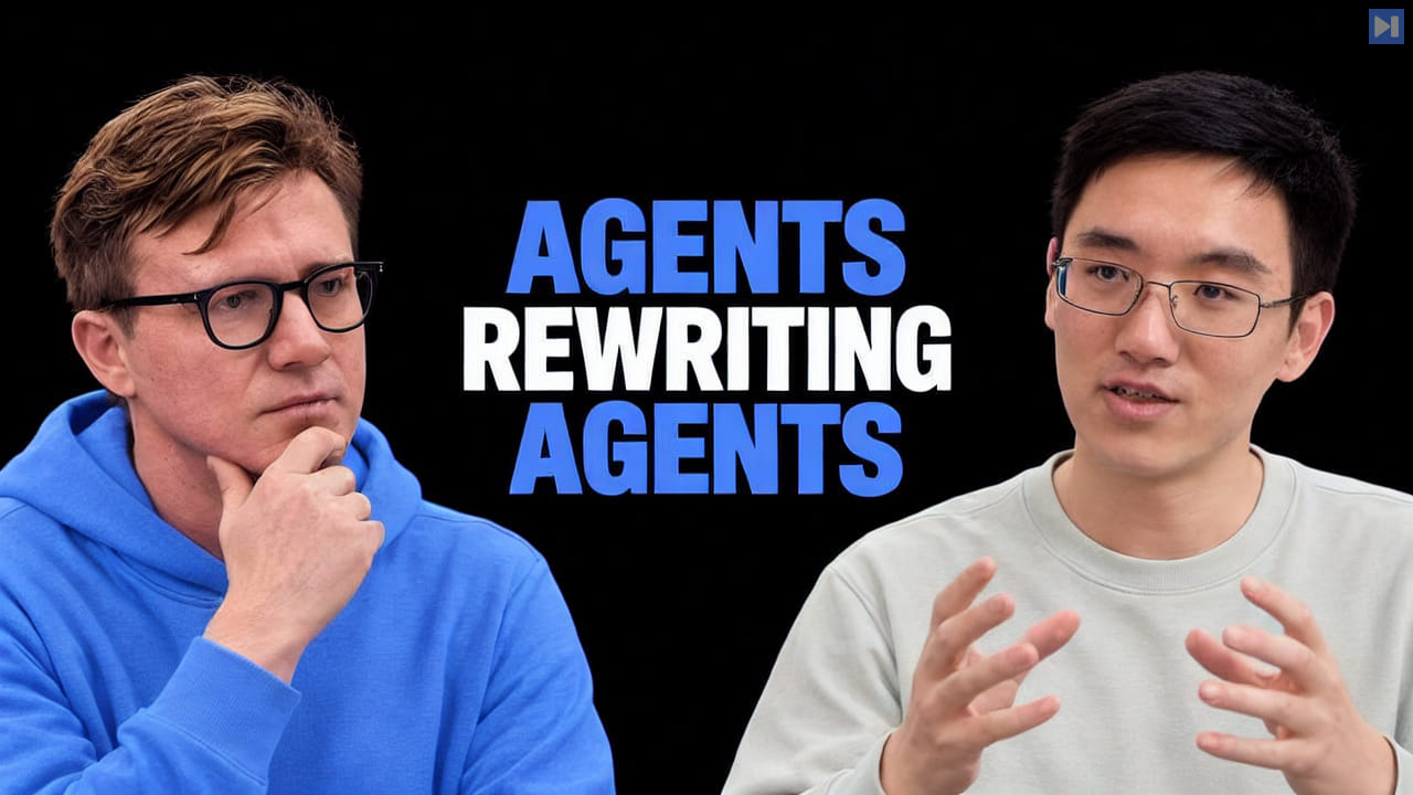 Tim Scarfe in blue on the left and Zhengyao Jiang in white on the right, framing “AGENTS REWRITING AGENTS” in blue and white on black.