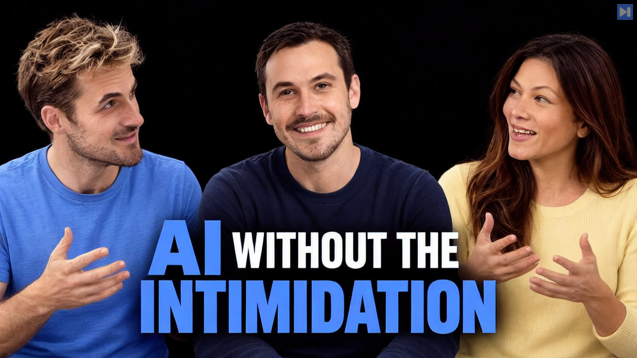 Pierce Freeman, Richard Diehl Martinez, Catherine Goetze against black with the blue and white headline "AI WITHOUT THE INTIMIDATION".