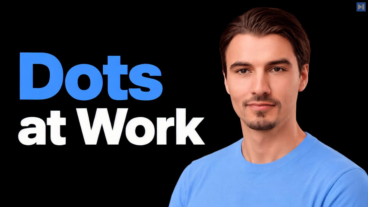 Igor Pogany in a plain blue T-shirt on black beside the blue and white headline “Dots at Work”.