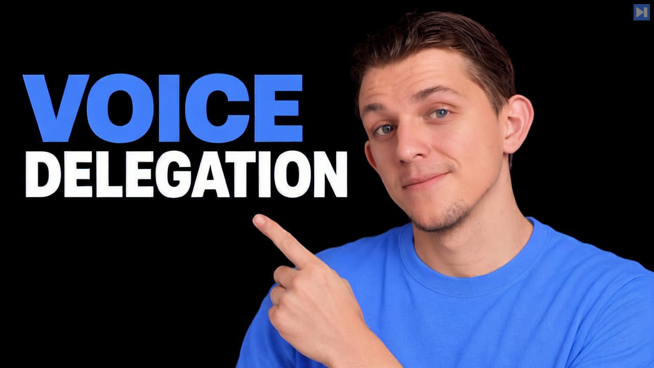 Portrait of Riley Brown beside the blue-and-white headline "VOICE DELEGATION" on a black background.
