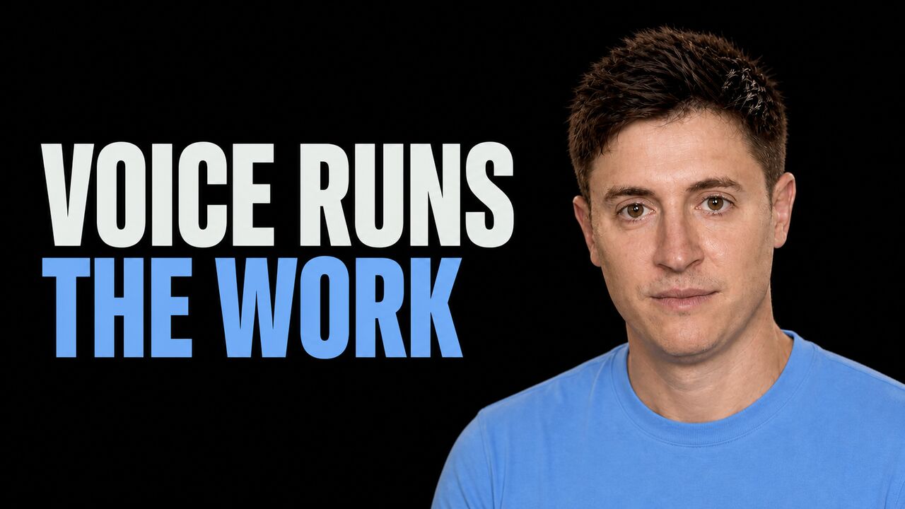 Portrait of Alex Finn beside the words Voice Runs the Work