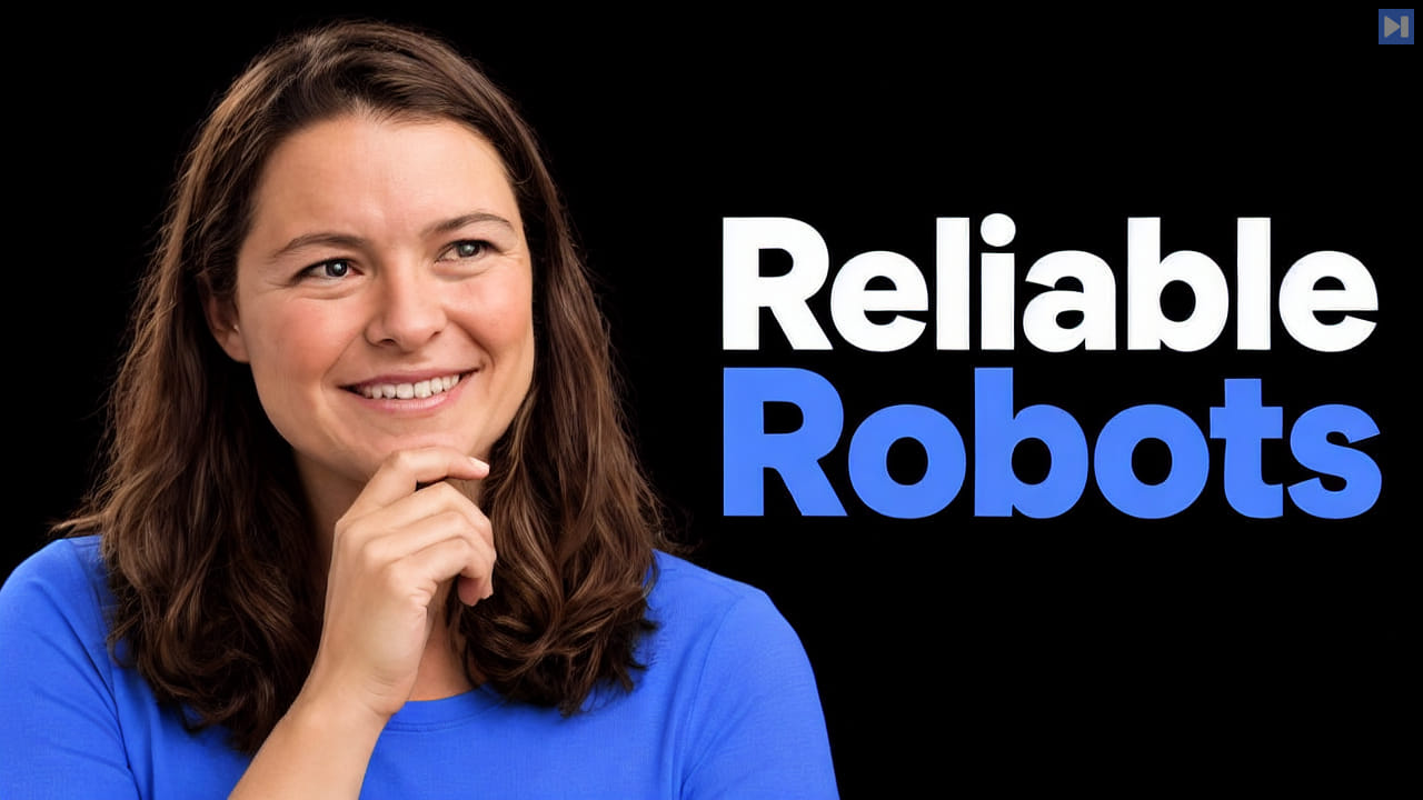 Chelsea Finn in a blue top, lightly touching her chin, beside the white and blue Reliable Robots headline on black.