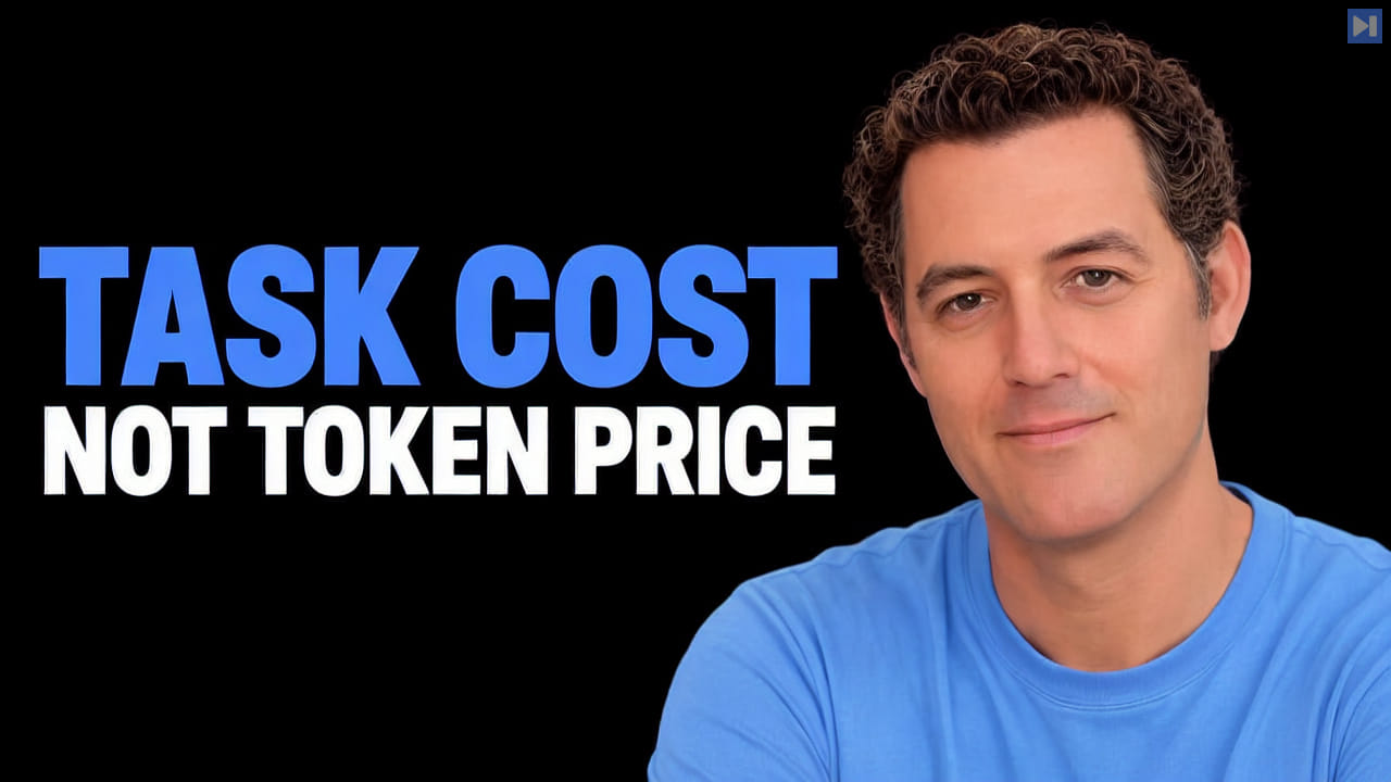 Matthew Berman in a blue top beside the blue and white “TASK COST NOT TOKEN PRICE” headline on black.