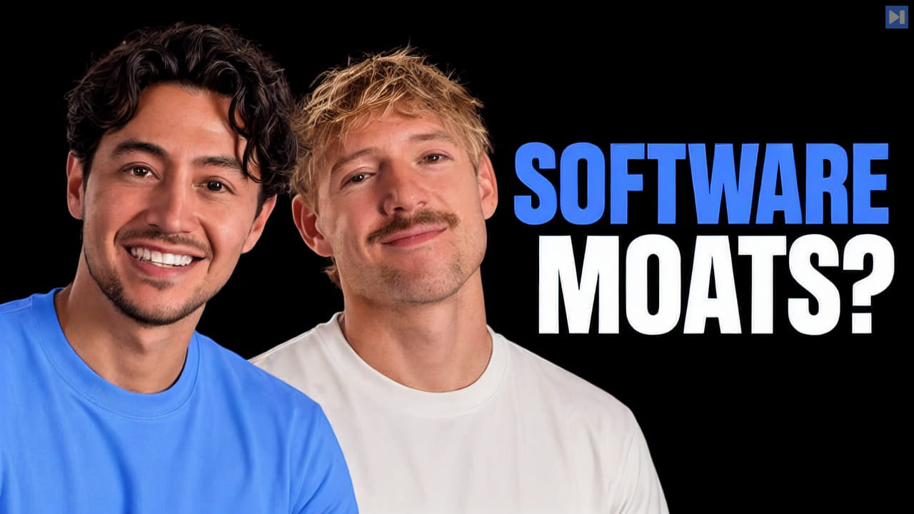 Nick Saraev, Jack Roberts against a black background beside the blue and white headline "SOFTWARE MOATS?".