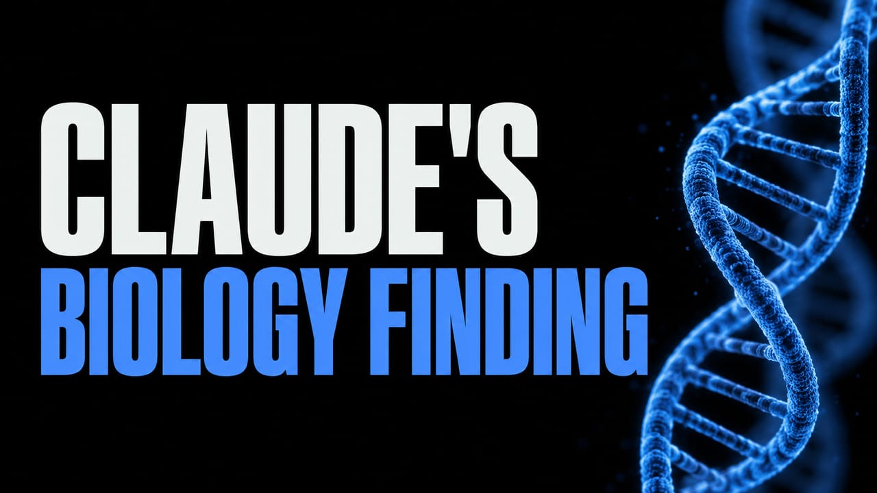 The headline “CLAUDE'S BIOLOGY FINDING” beside a glowing blue DNA helix on a black background.