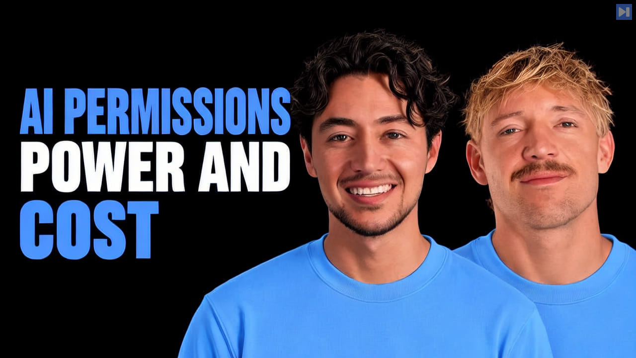 Nick Saraev and Jack Roberts beside the headline AI Permissions Power and Cost on a pure black background.