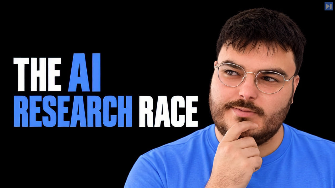Elie Bakouch in blue and glasses on the right, touching his chin, beside “THE AI RESEARCH RACE” in white and blue on black.