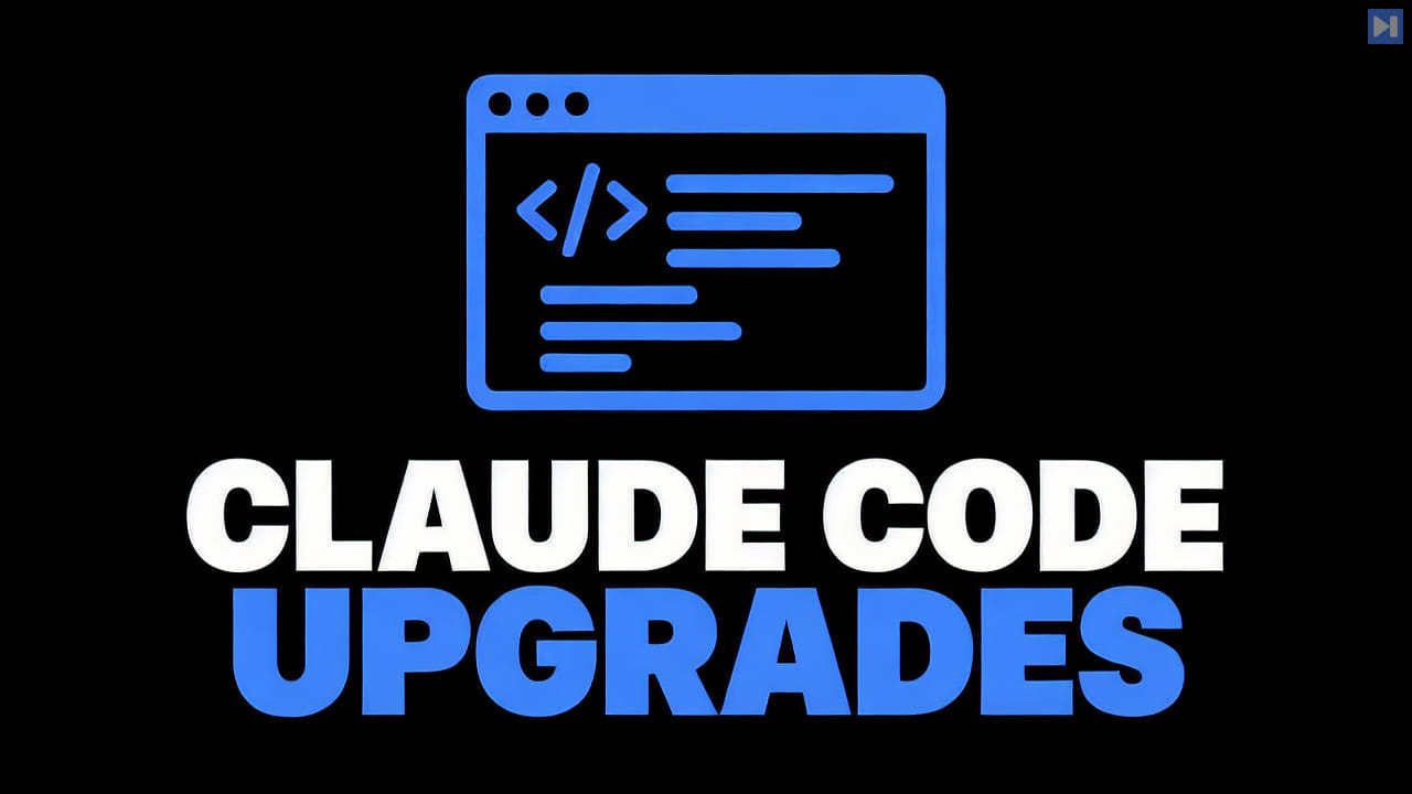 A flat blue coding-window illustration against black above the white-and-blue headline CLAUDE CODE UPGRADES.
