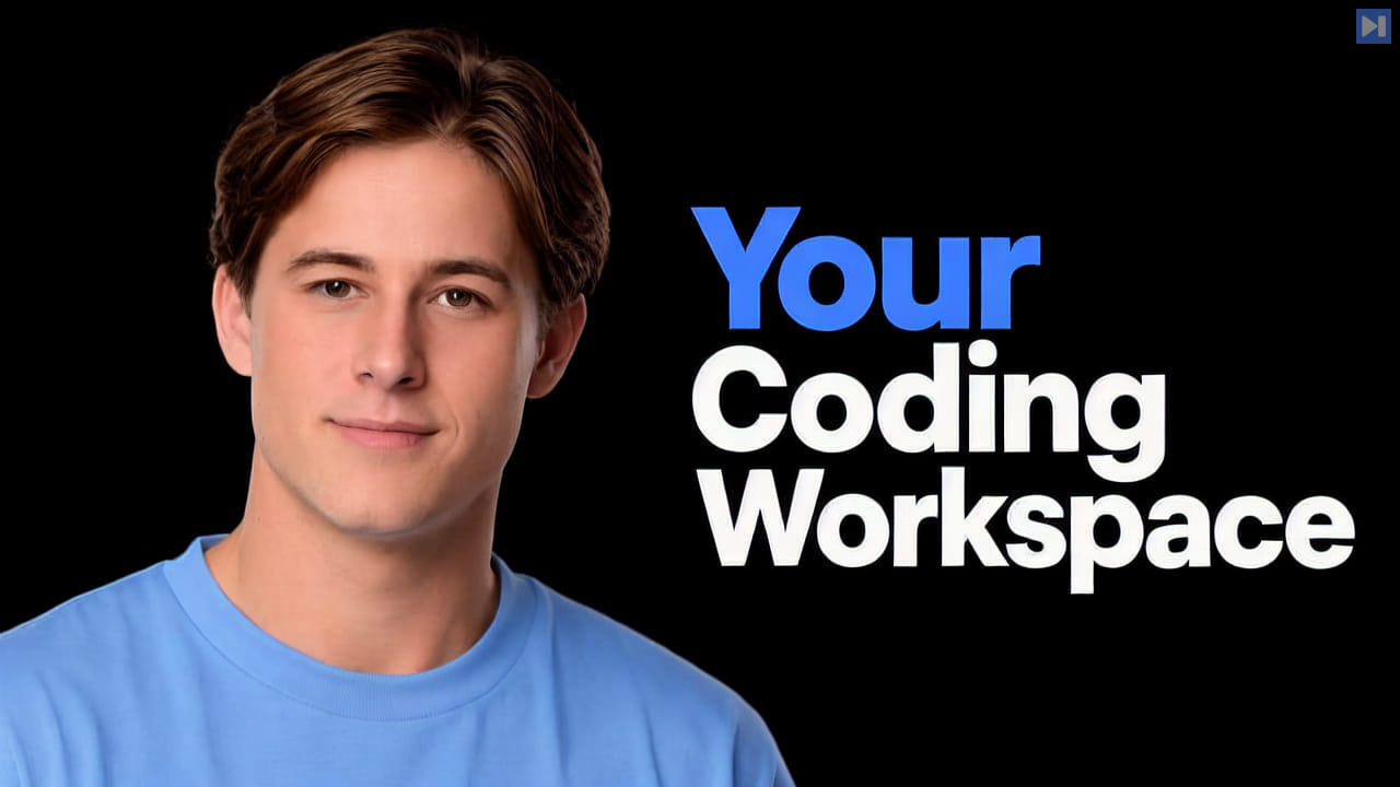 Remy Gaskell in a light-blue top on the left beside the blue and white Your Coding Workspace headline on black.