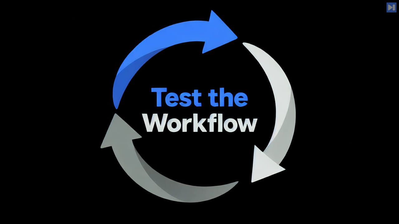 A blue, white and muted grey-green experimental loop surrounds the blue and white headline Test the Workflow on black.