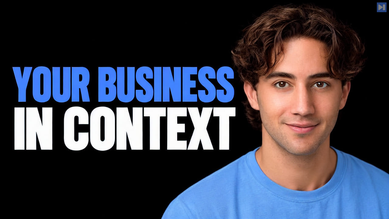 Drake Surach in a blue top beside the blue and white headline Your Business In Context on black.