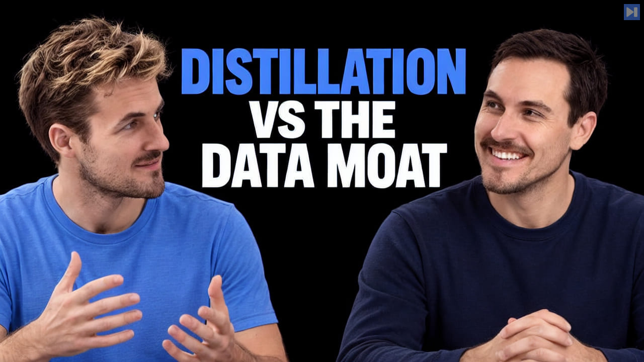 Pierce Freeman in blue gestures beside a smiling Richard Diehl Martinez in navy against black, with the blue and white headline 'DISTILLATION VS THE DATA MOAT'.