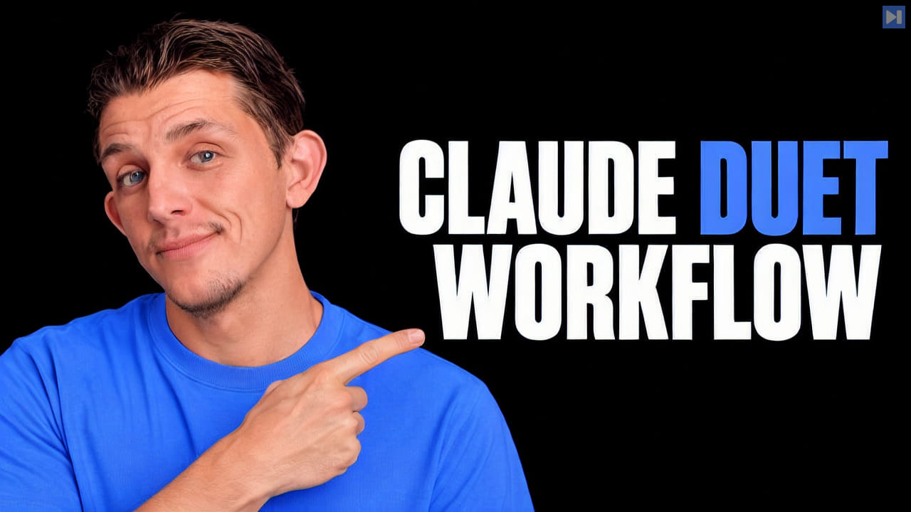 Riley Brown in an attention-blue T-shirt pointing toward the white and blue CLAUDE DUET WORKFLOW headline on black.