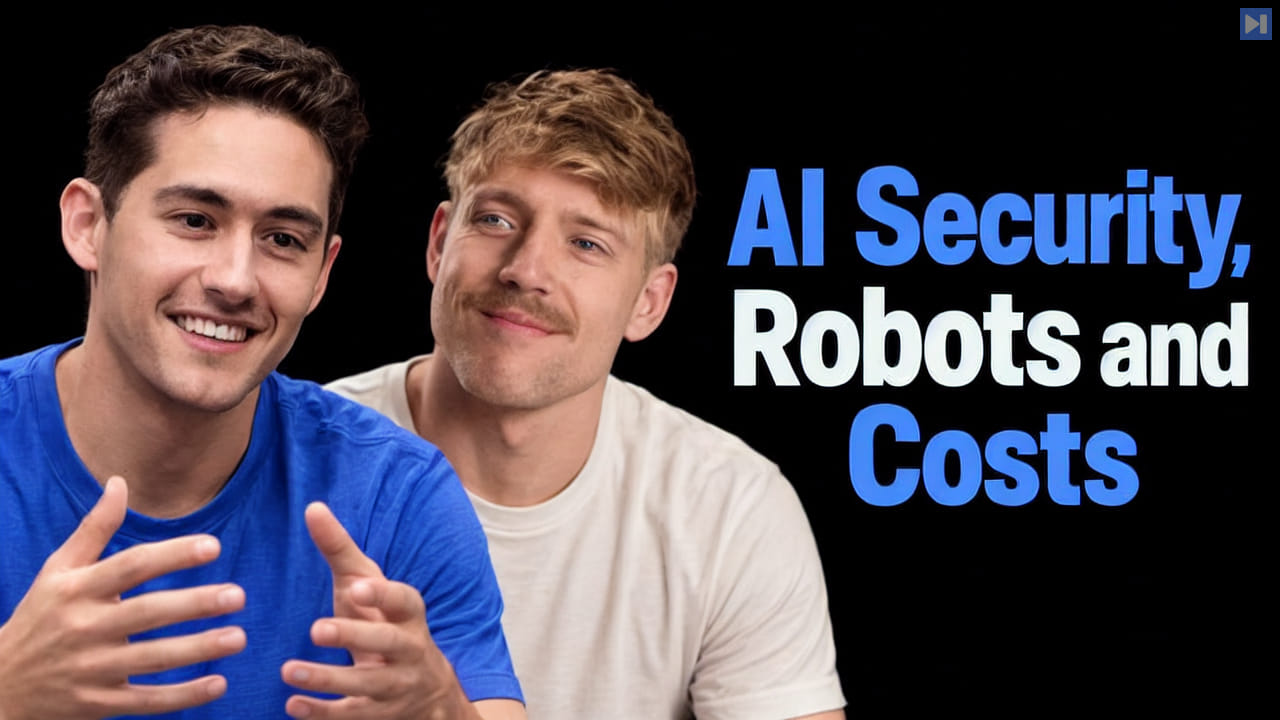 Nick Saraev in blue gesturing with bare hands and Jack Roberts in off-white beside “AI Security, Robots and Costs” on black.