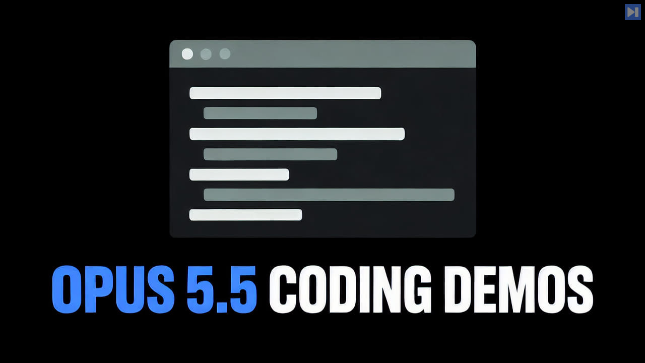 Flat code-window illustration above the blue-and-white headline ‘OPUS 5.5 CODING DEMOS’ on a black background.