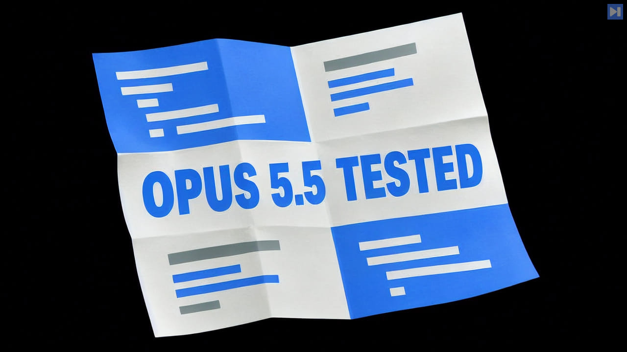 A folded blue-and-white coding sheet on a black background bears the headline OPUS 5.5 TESTED.