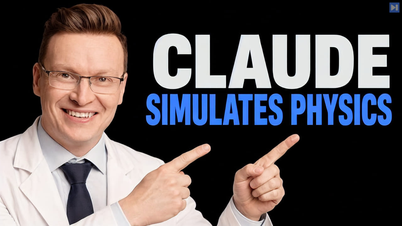 Károly Zsolnai-Fehér in a light jacket points toward the white and blue headline CLAUDE SIMULATES PHYSICS on black.