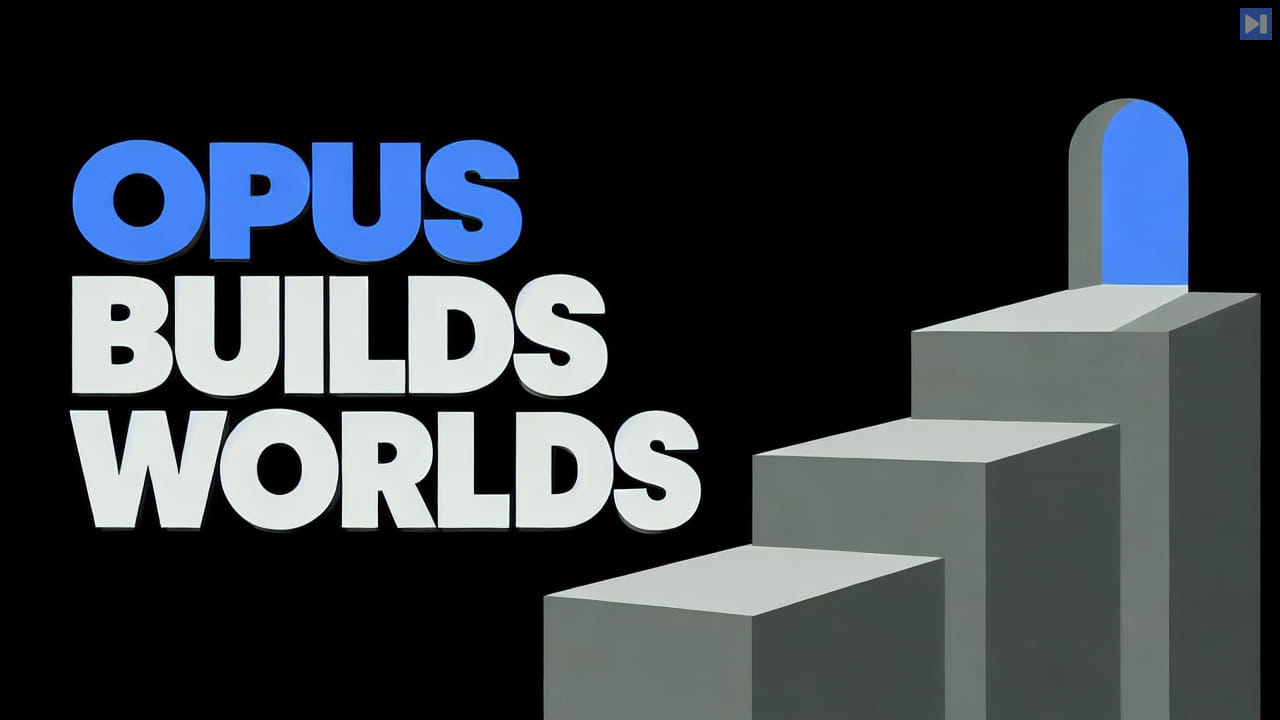 Blue-and-white headline “OPUS BUILDS WORLDS” beside three large grey stepped blocks and a blue arched doorway on black.