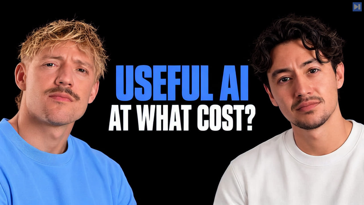 Jack Roberts and Nick Saraev against a black background beside the blue and white headline “USEFUL AI / AT WHAT COST?”.