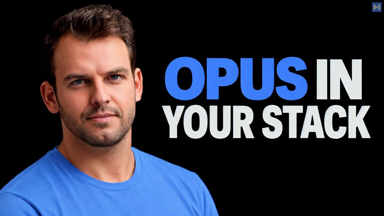 Nathaniel Whittemore in a blue top beside the blue-and-white headline “OPUS IN YOUR STACK” on black.