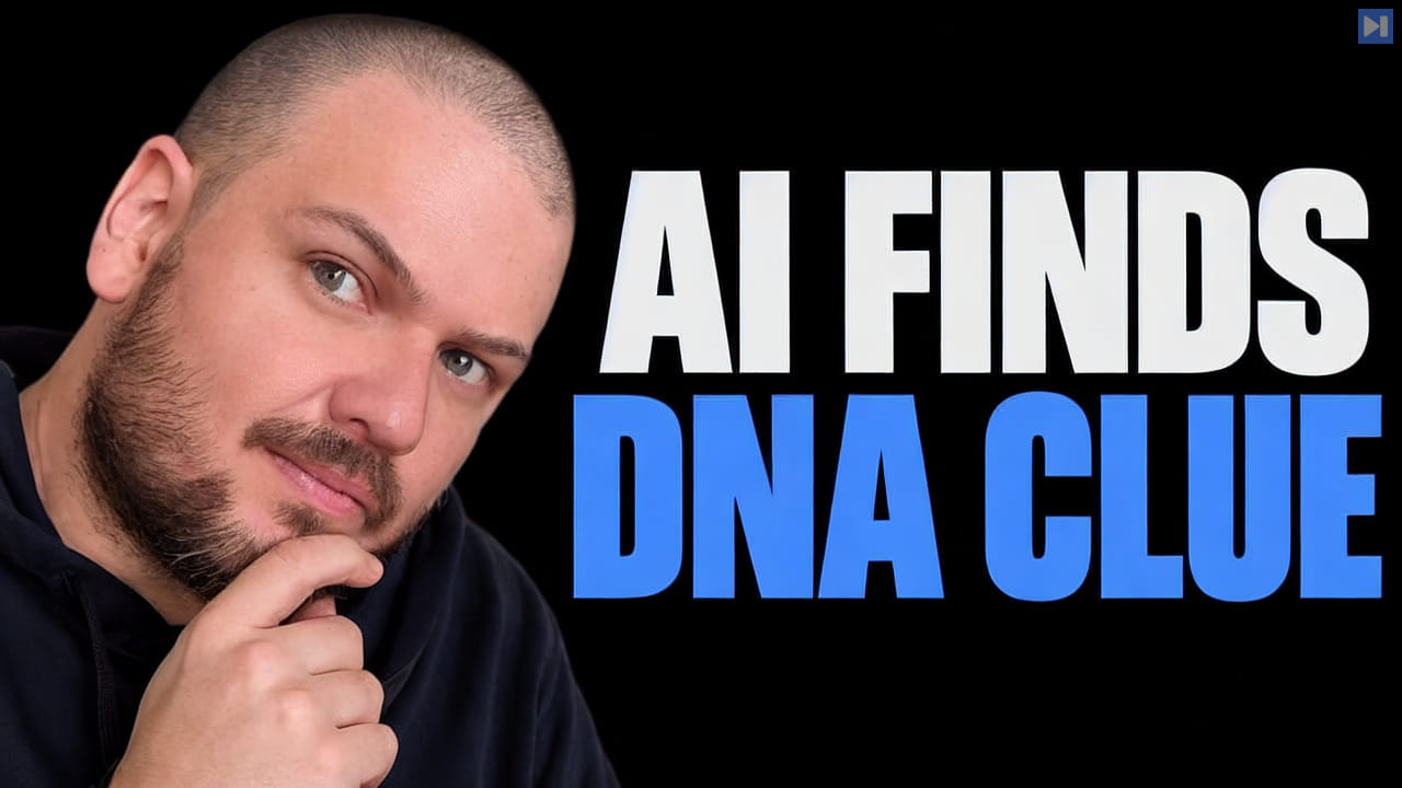 Wes Roth in dark clothing rests his hand on his chin beside the white and blue headline AI FINDS DNA CLUE on black.