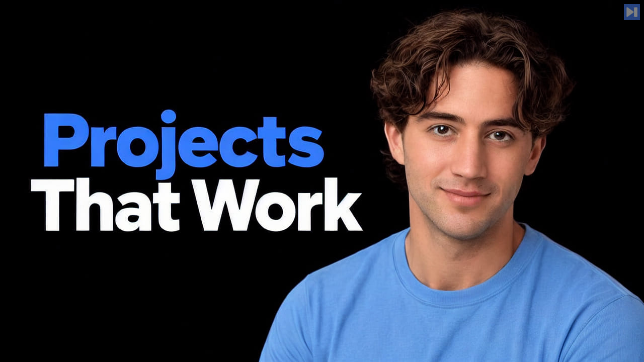 Drake Surach in a blue top beside the blue-and-white headline Projects That Work against a black background.