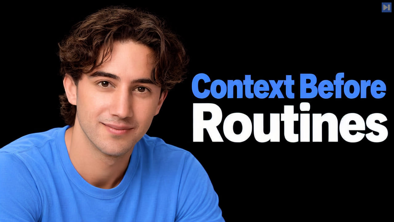 Drake Surach on black beside the blue and white headline Context Before Routines.