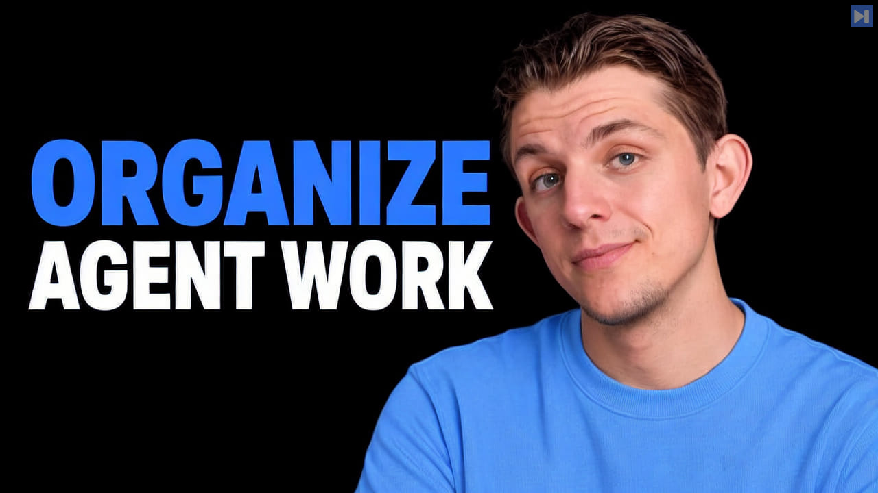 Riley Brown in a blue top beside the blue-and-white headline “ORGANIZE AGENT WORK” on a black background.